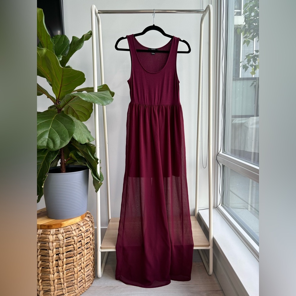 3/$25 FOREVER 21 | Burgundy Jersey Mini Dress with Sheer Maxi Overlay S